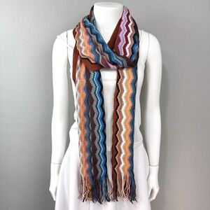 Zig Zag Chevron Knitted Scarf Womens OS Multicolor Fringe Long Rectangular Retro